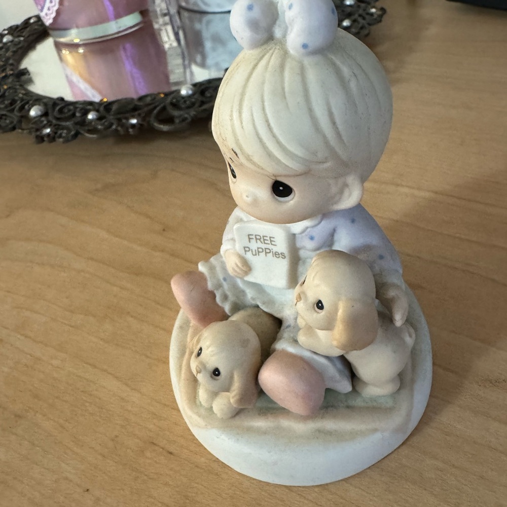 Enesco Precious Moments Child with Puppies Figurine - Cream and Tan